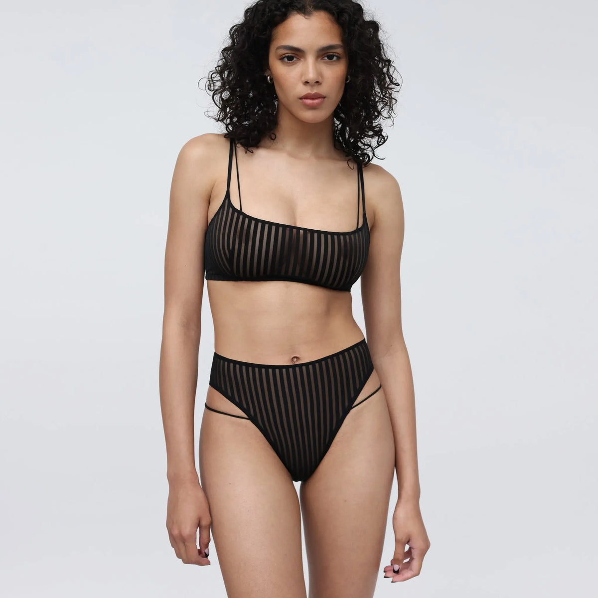 Black opaque on sheer striped microfiber bralette, pull on style with medium support