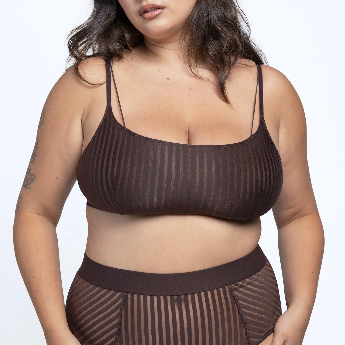 Brown opaque on sheer striped microfiber bralette, pull on style with medium support