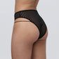 Black opaque on sheer striped microfiber high leg panty with skinny side strap detail