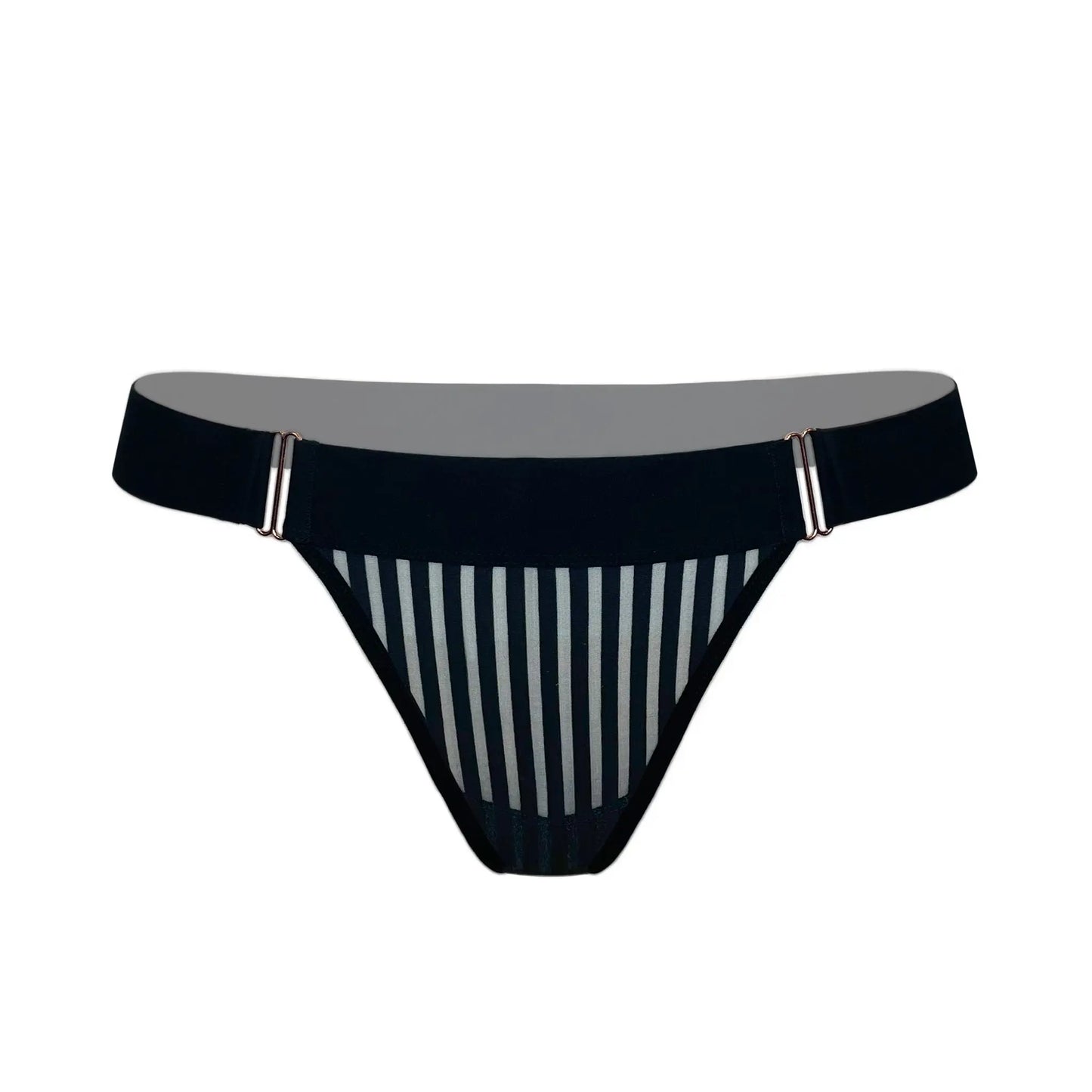 Black opaque on sheer striped microfiber thong panty with wide side waist bands