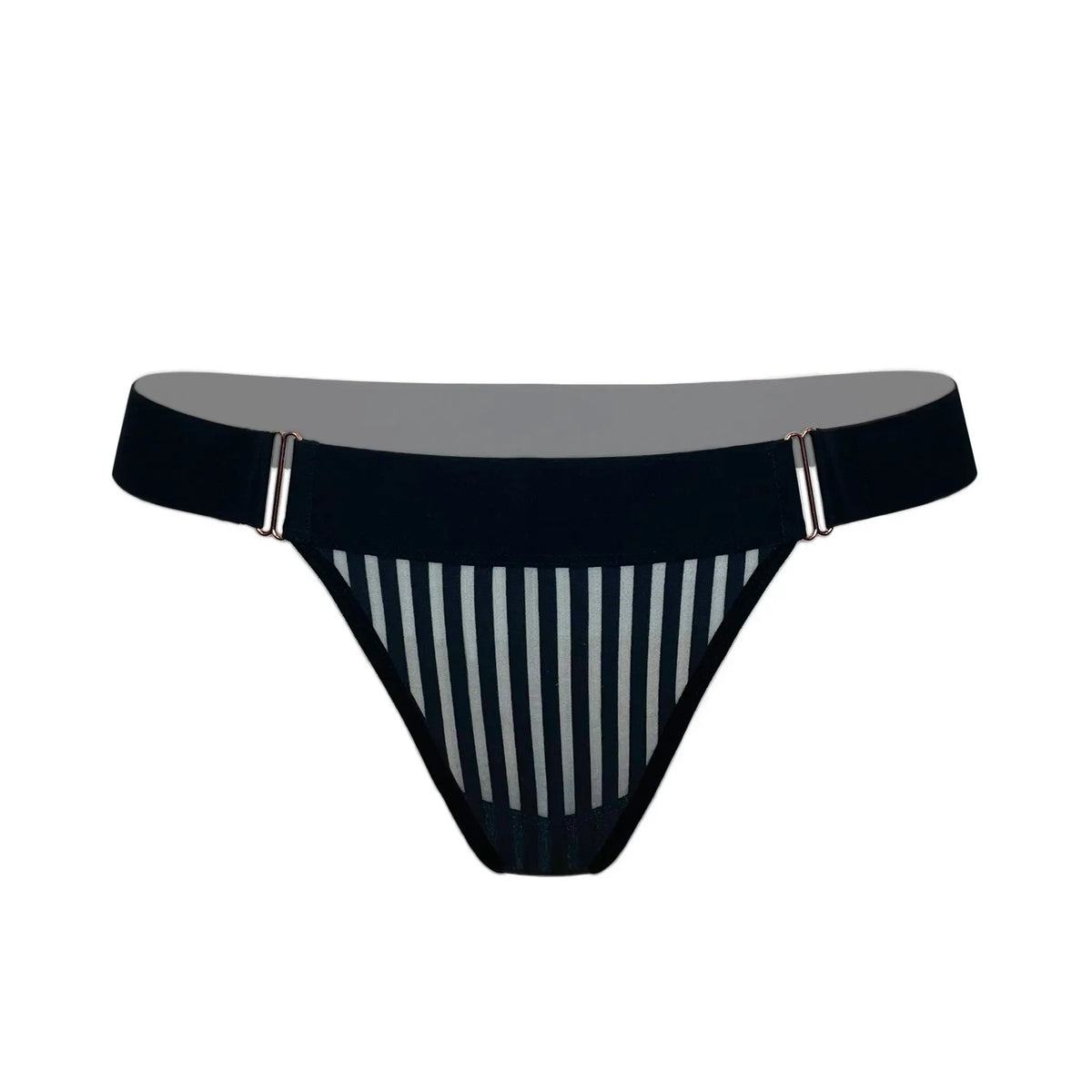 Black opaque on sheer striped microfiber thong panty with wide side waist bands