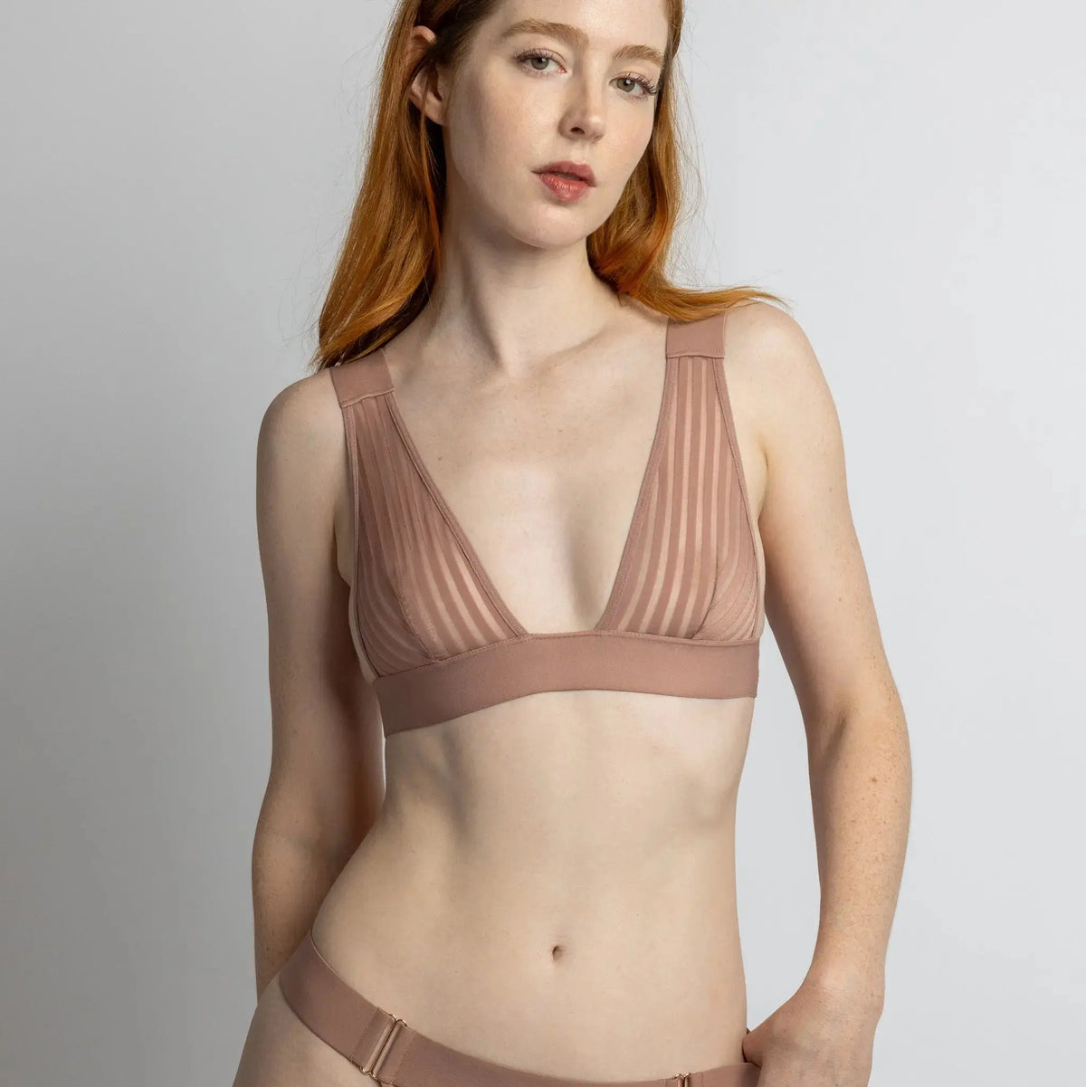 Taupe opaque on sheer striped microfiber plunge bralette, pull-on style with wide underbust elastic band