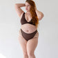 Brown opaque on sheer striped microfiber plunge bralette, pull-on style with wide underbust elastic band