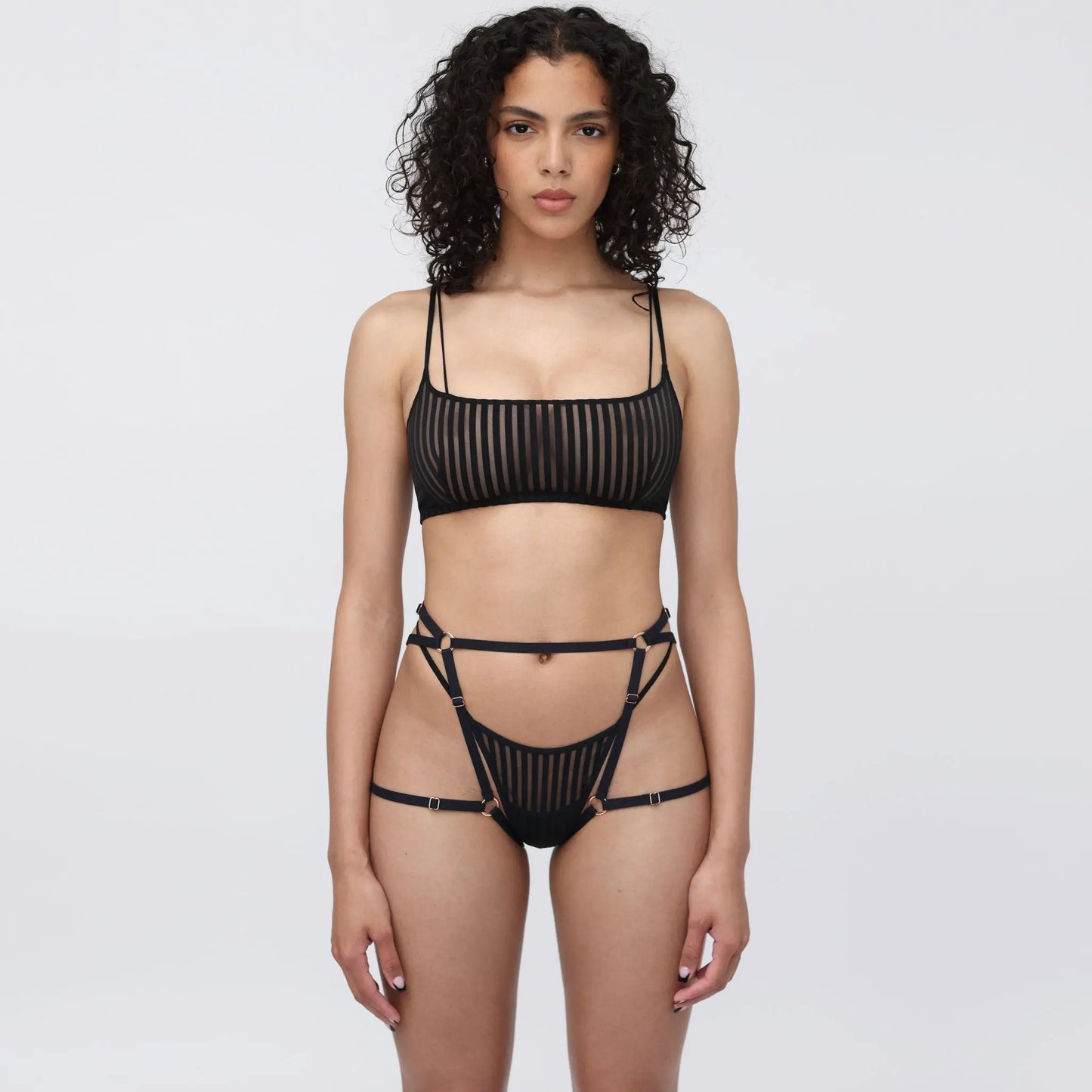 Black opaque on sheer striped microfiber bralette, pull on style with medium support