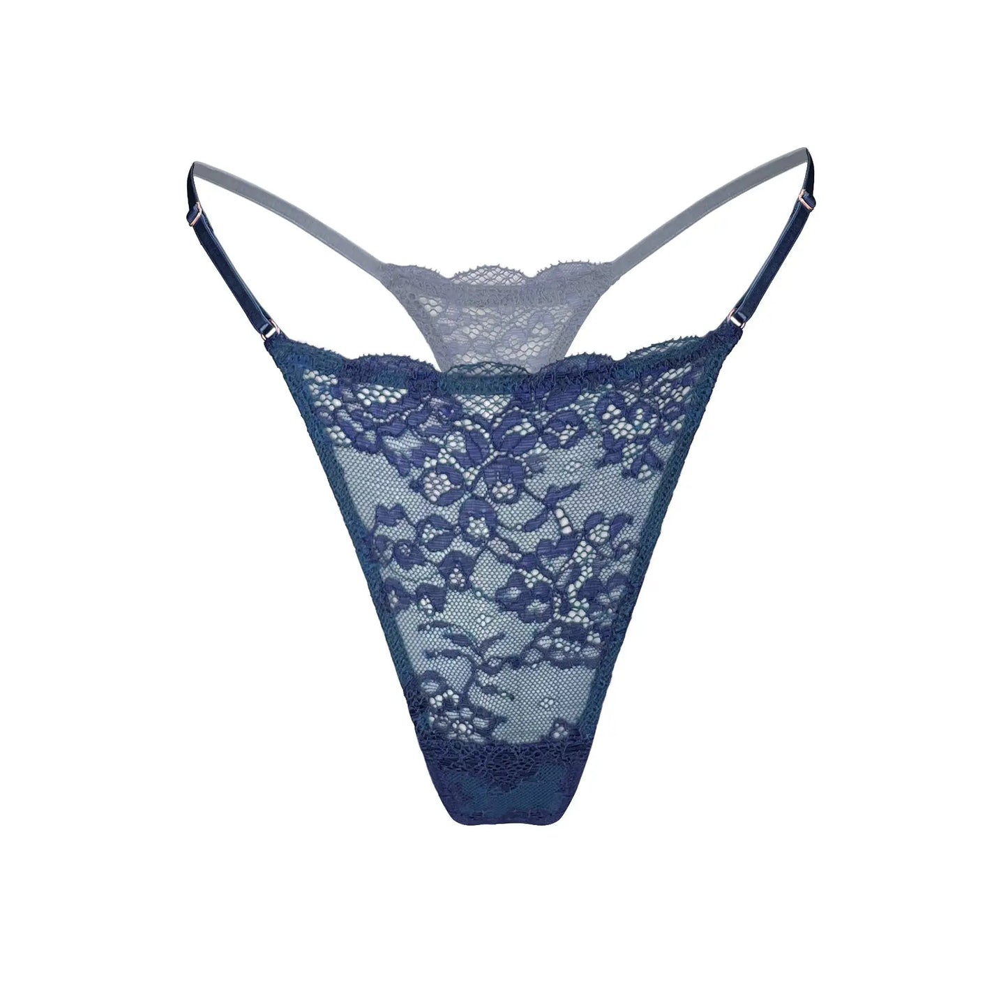 Blue stretch lace low rise thong with adjustable waist elastic