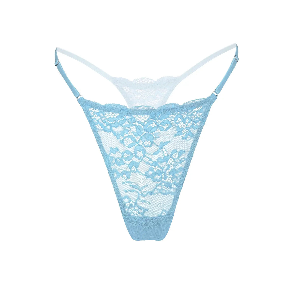 Blue stretch lace low-rise thong with adjustable waist elastic