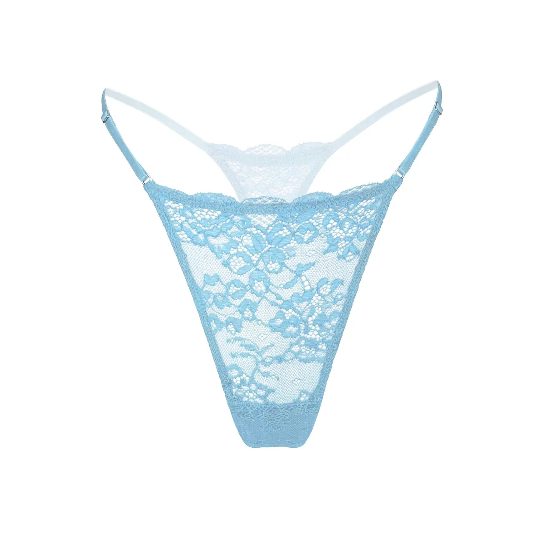 Blue stretch lace low-rise thong with adjustable waist elastic