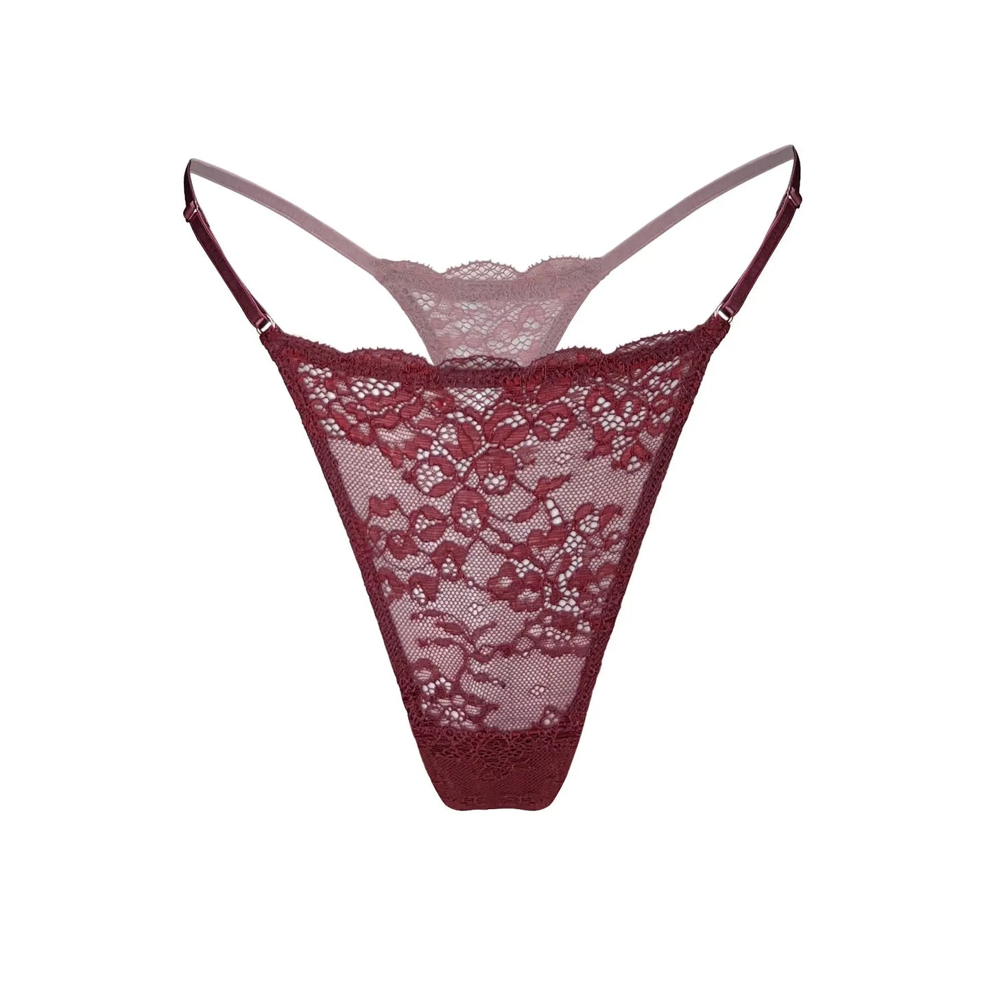 Burgundy stretch lace low rise thong with adjustable waist elastic