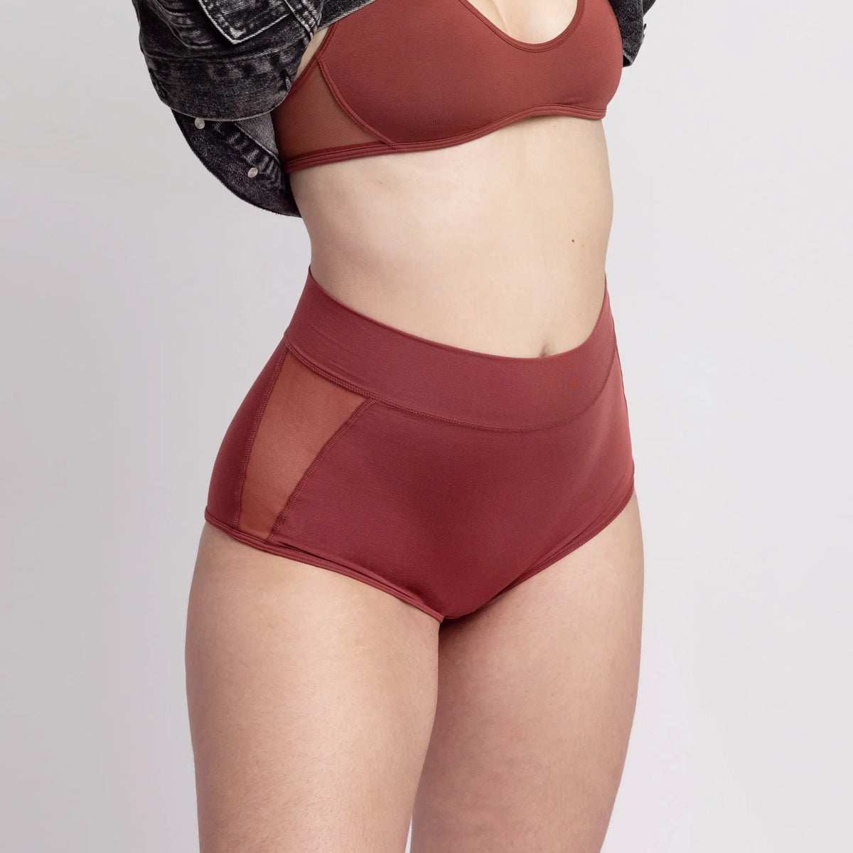 Brown modal high waisted shorty brief with cutout illusion mesh panels