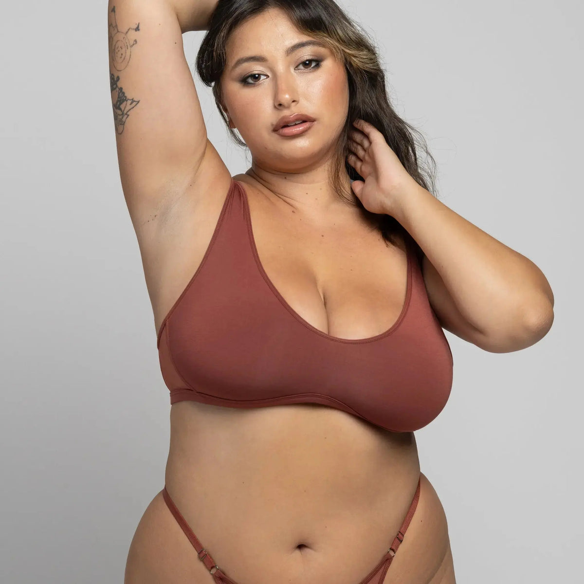 Brown modal thong with adjustable side strap and  brown modal pull over scoop neck bralette
