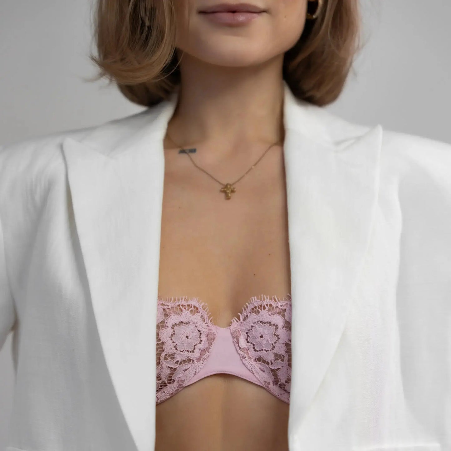 Pink lace, underwire, high support bra with adjustable straps and back closure
