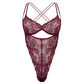Burgundy stretch lace bodysuit with underwire and open crotchless design and adjustable straps