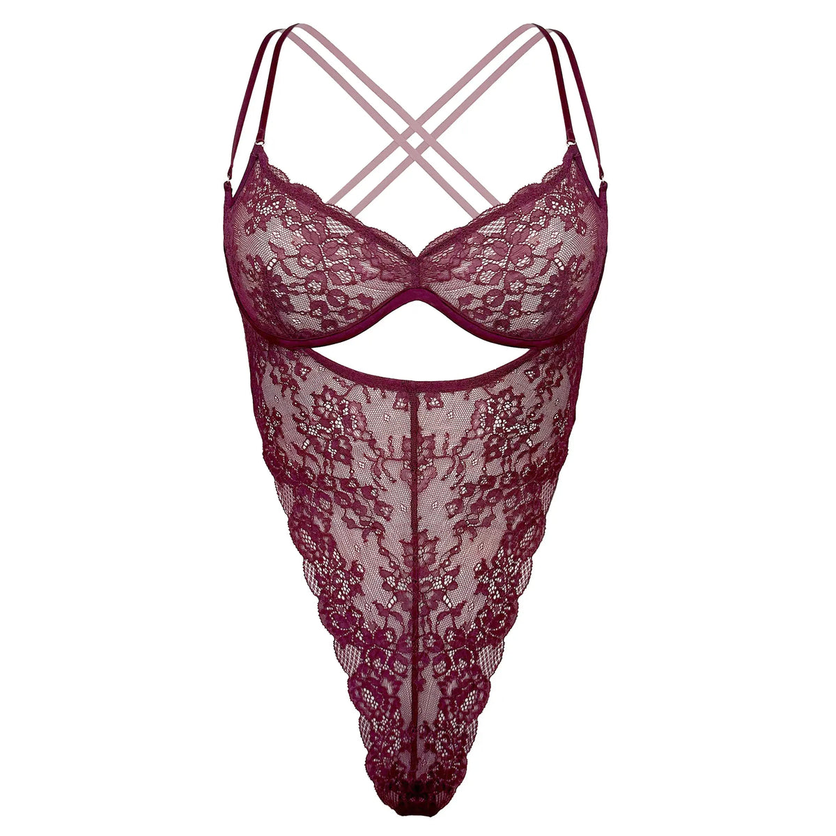 Burgundy stretch lace bodysuit with underwire and open crotchless design and adjustable straps