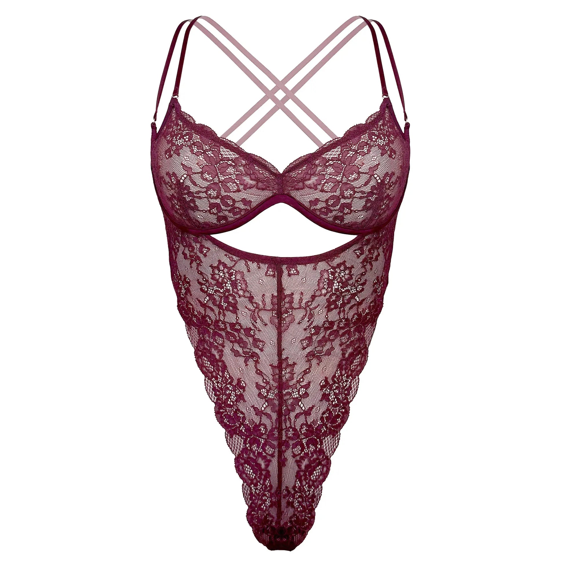 Burgundy stretch lace bodysuit with underwire and open crotchless design and adjustable straps