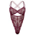 Burgundy stretch lace bodysuit with underwire and open crotchless design and adjustable straps