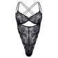 Black stretch lace bodysuit with underwire and open crotchless design and adjustable straps