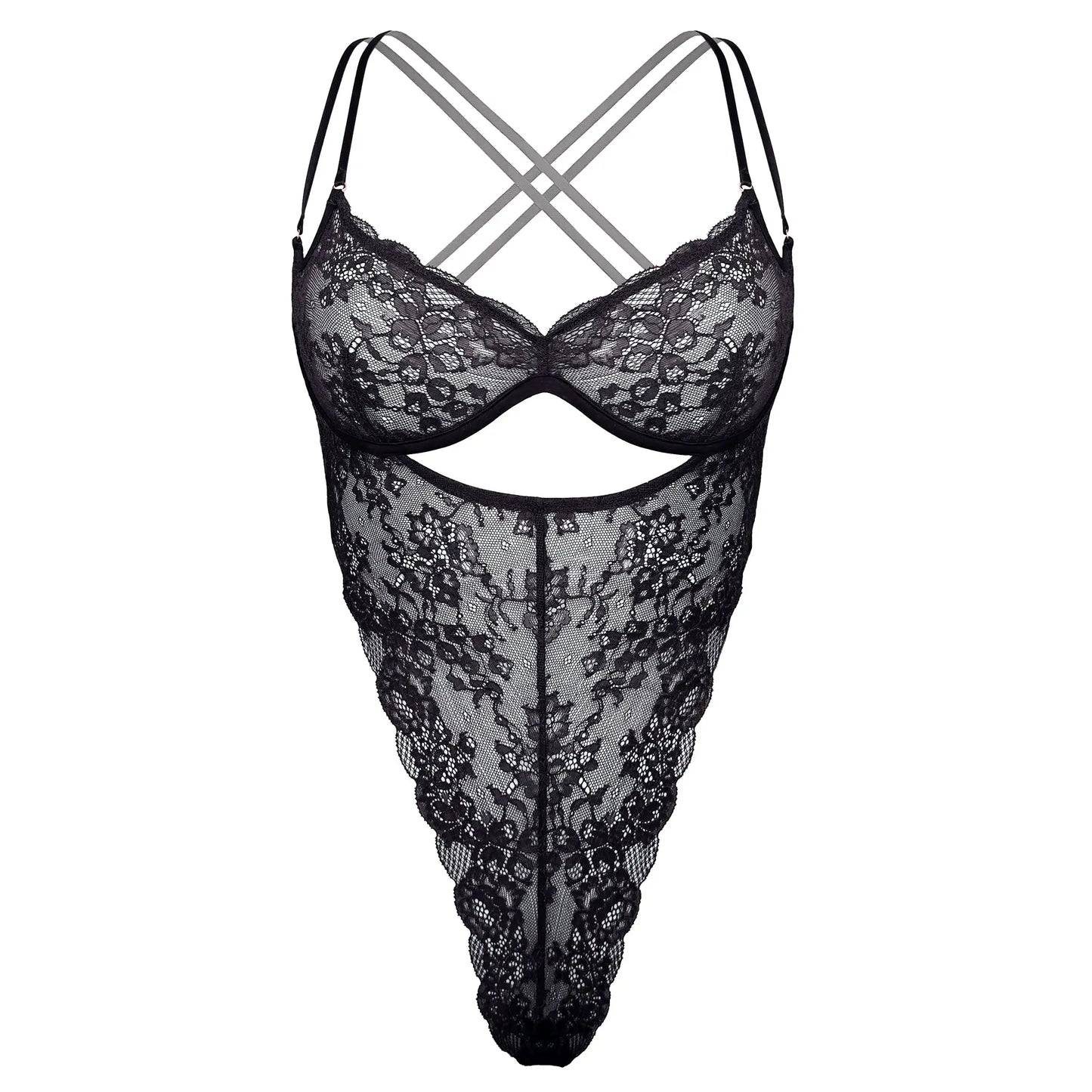 Black stretch lace bodysuit with underwire and open crotchless design and adjustable straps