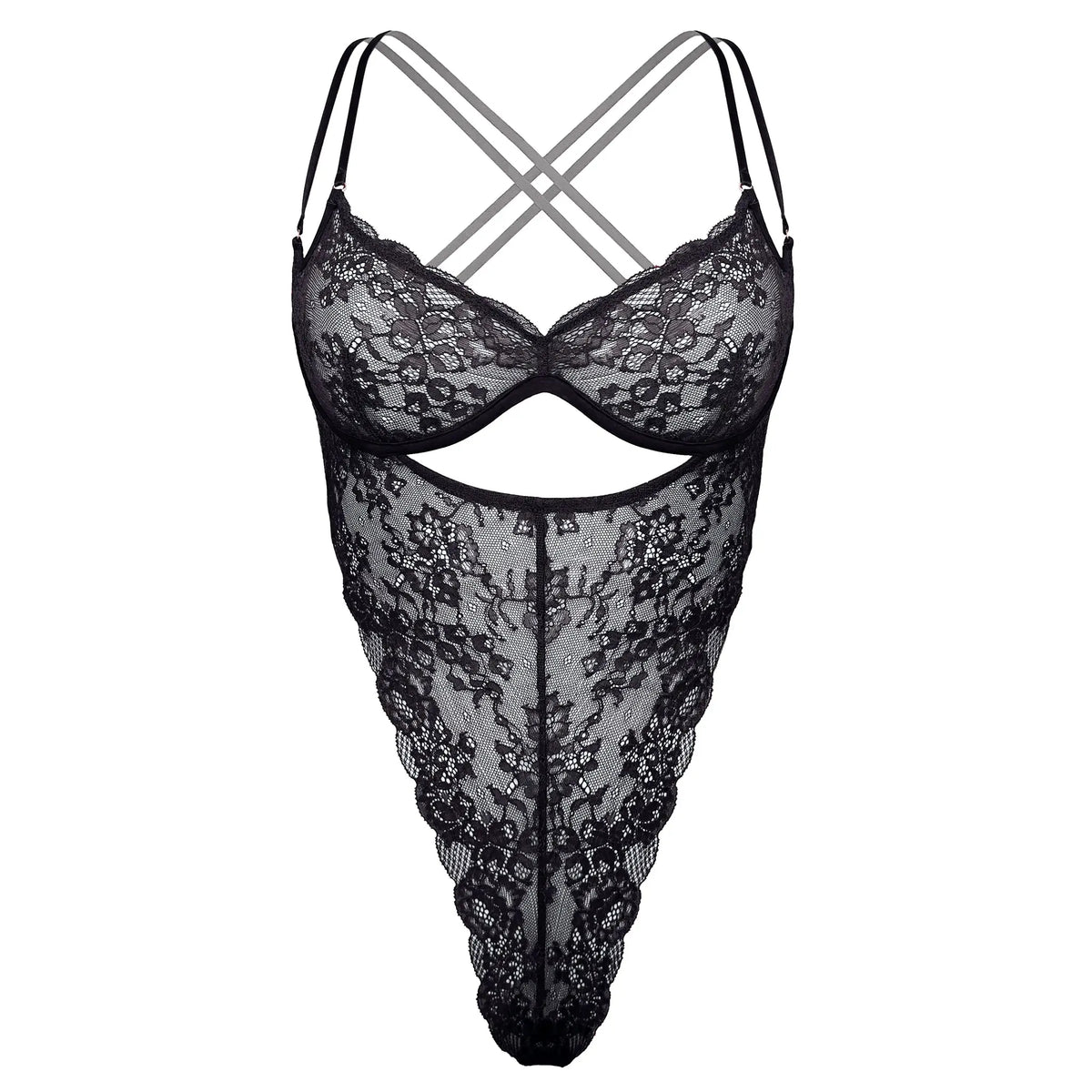 Black stretch lace bodysuit with underwire and open crotchless design and adjustable straps