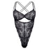 Black stretch lace bodysuit with underwire and open crotchless design and adjustable straps
