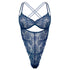 Blue stretch lace bodysuit with underwire and open crotchless design and adjustable straps
