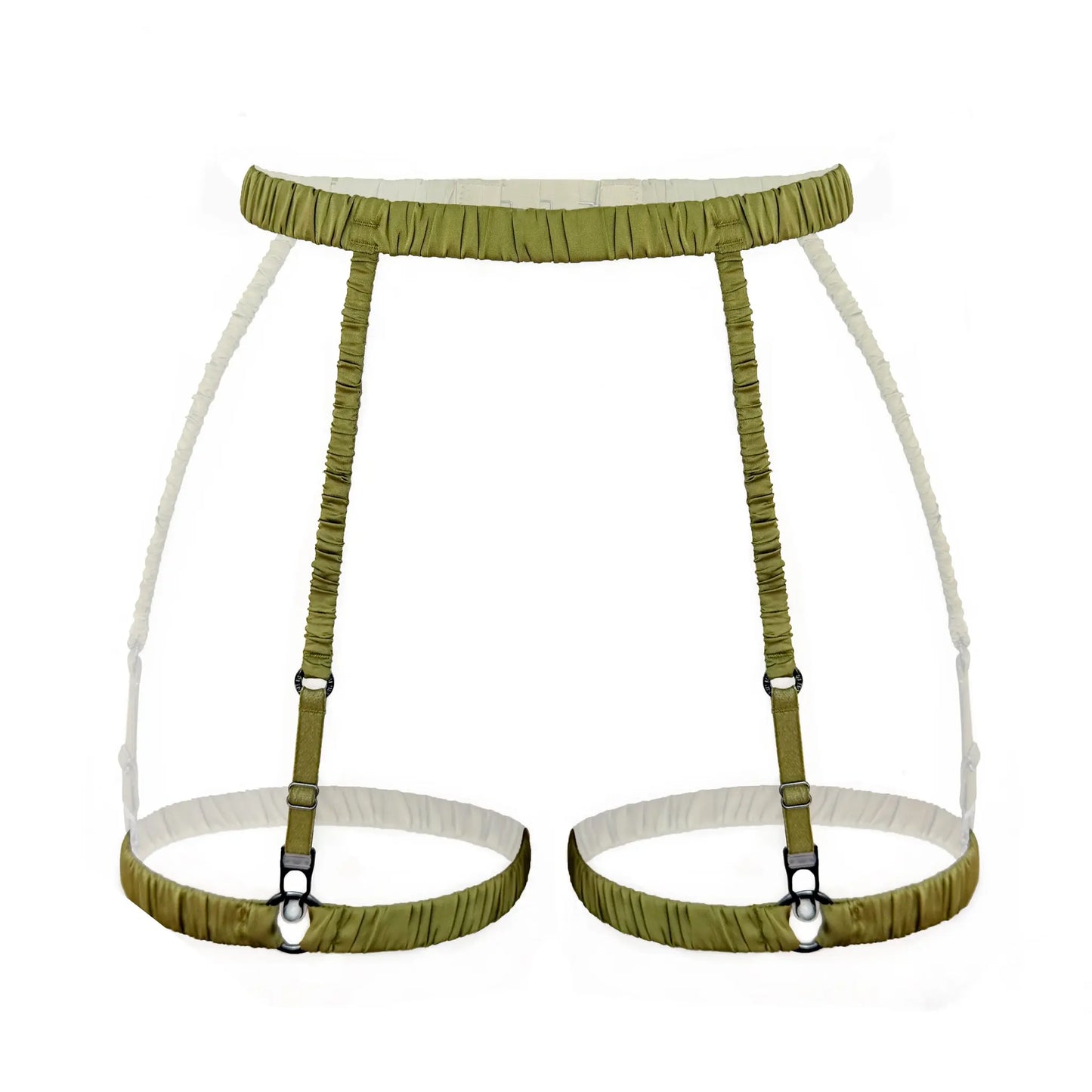 Green ruched satin over soft touch elastic garters with back clasp, detachable leg bands and adjust elastics
