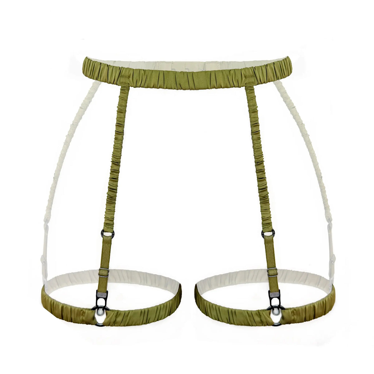 Green ruched satin over soft touch elastic garters with back clasp, detachable leg bands and adjust elastics