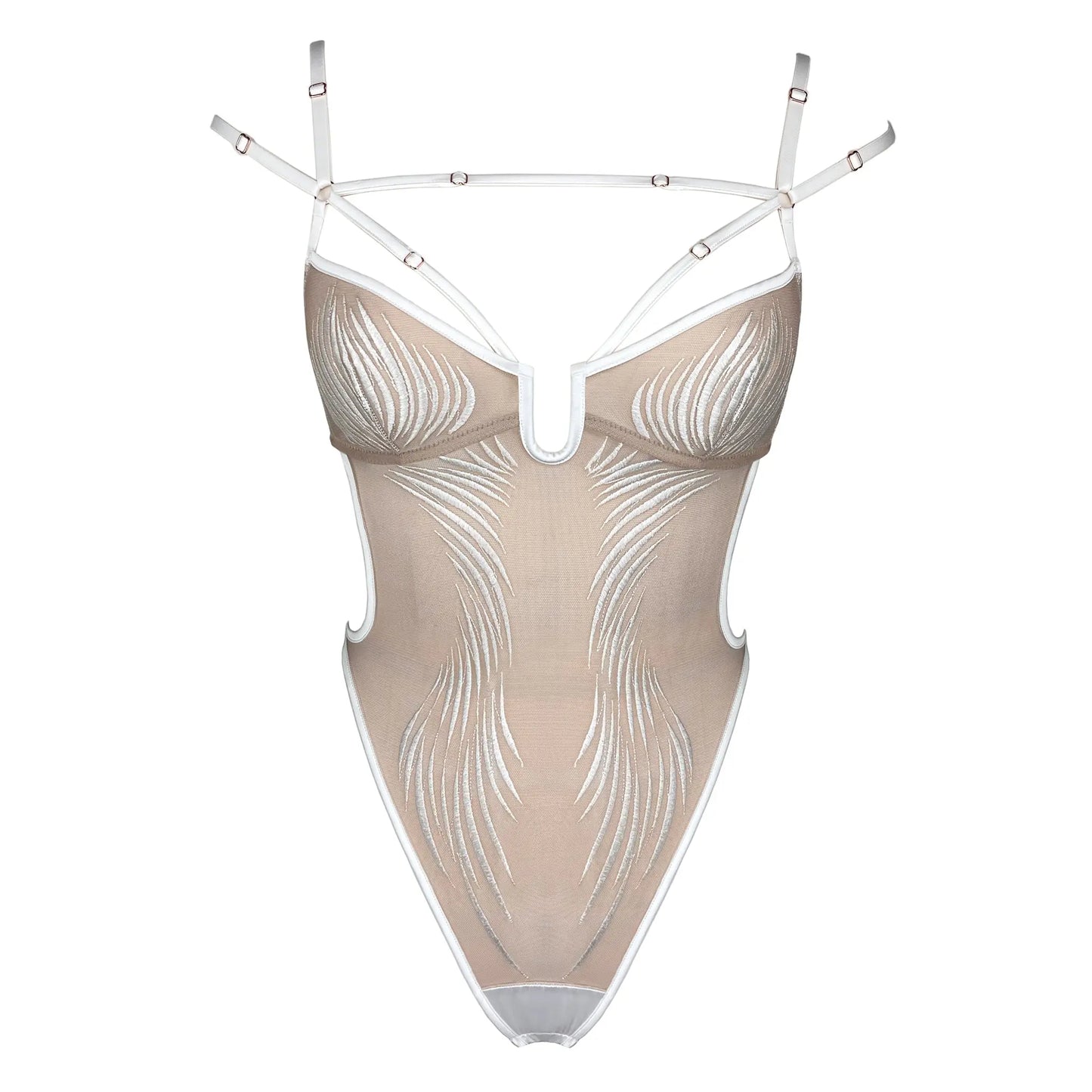 White rigid tulle bodysuit with liquid shine effect embroidery with adjustable straps