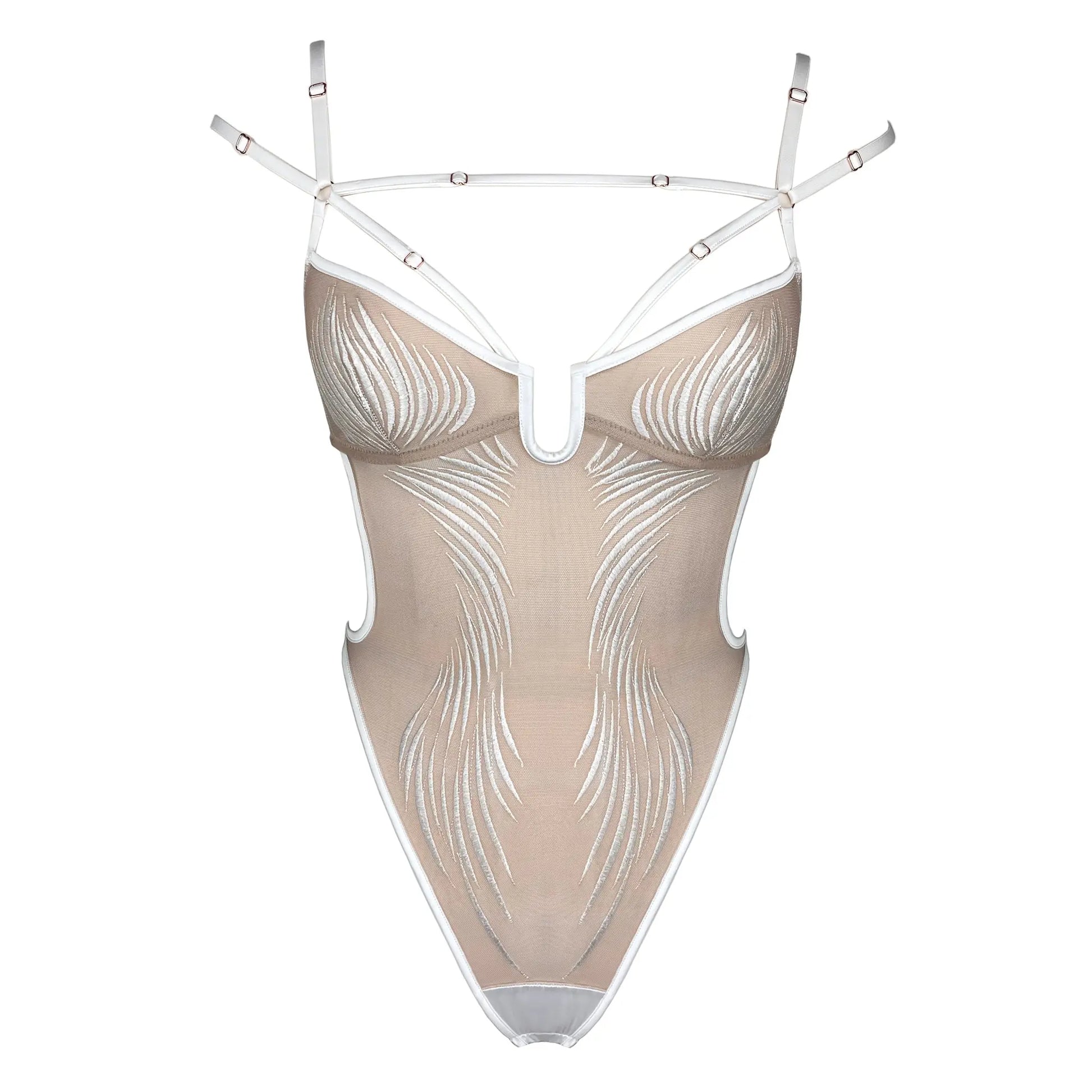 White rigid tulle bodysuit with liquid shine effect embroidery with adjustable straps