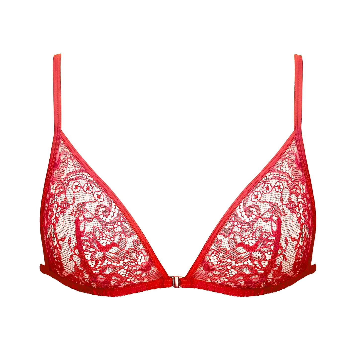 Red ultra-fine lace bralette with front clasp and adjustable straps and back band
