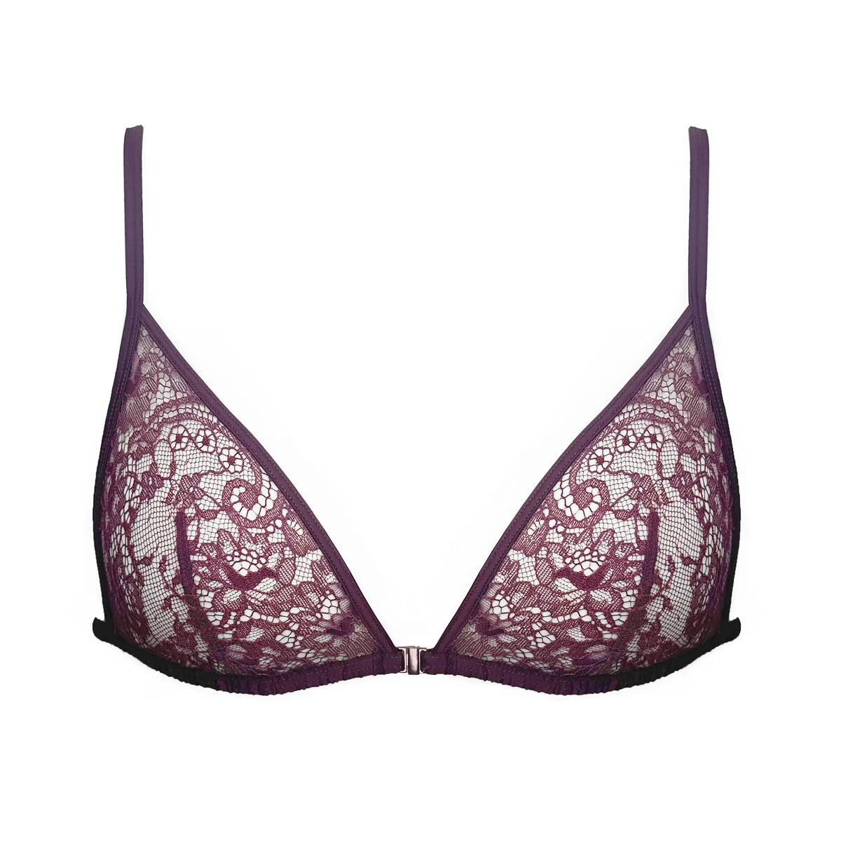 Burgundy ultra-fine lace bralette with front clasp and adjustable straps and back band