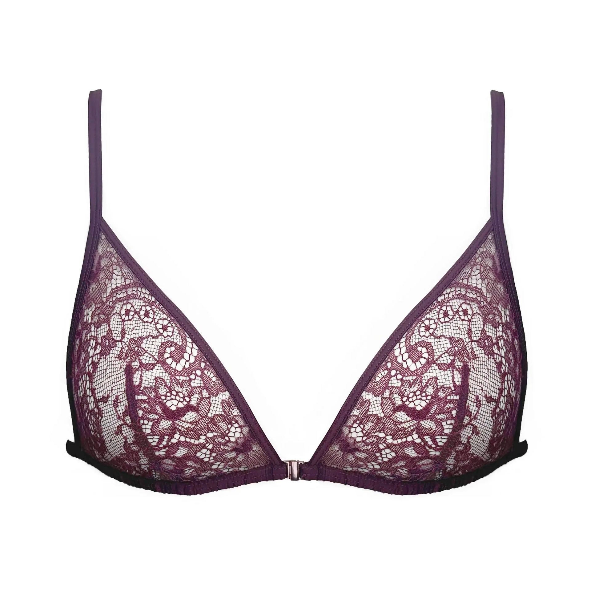 Burgundy ultra-fine lace bralette with front clasp and adjustable straps and back band