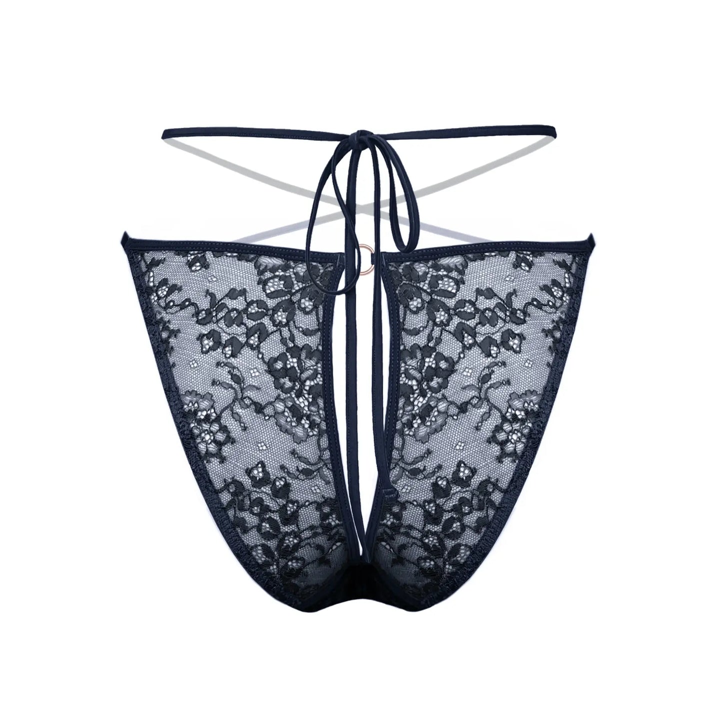 Black stretch lace bikini with cutout design in back and adjustable side strap