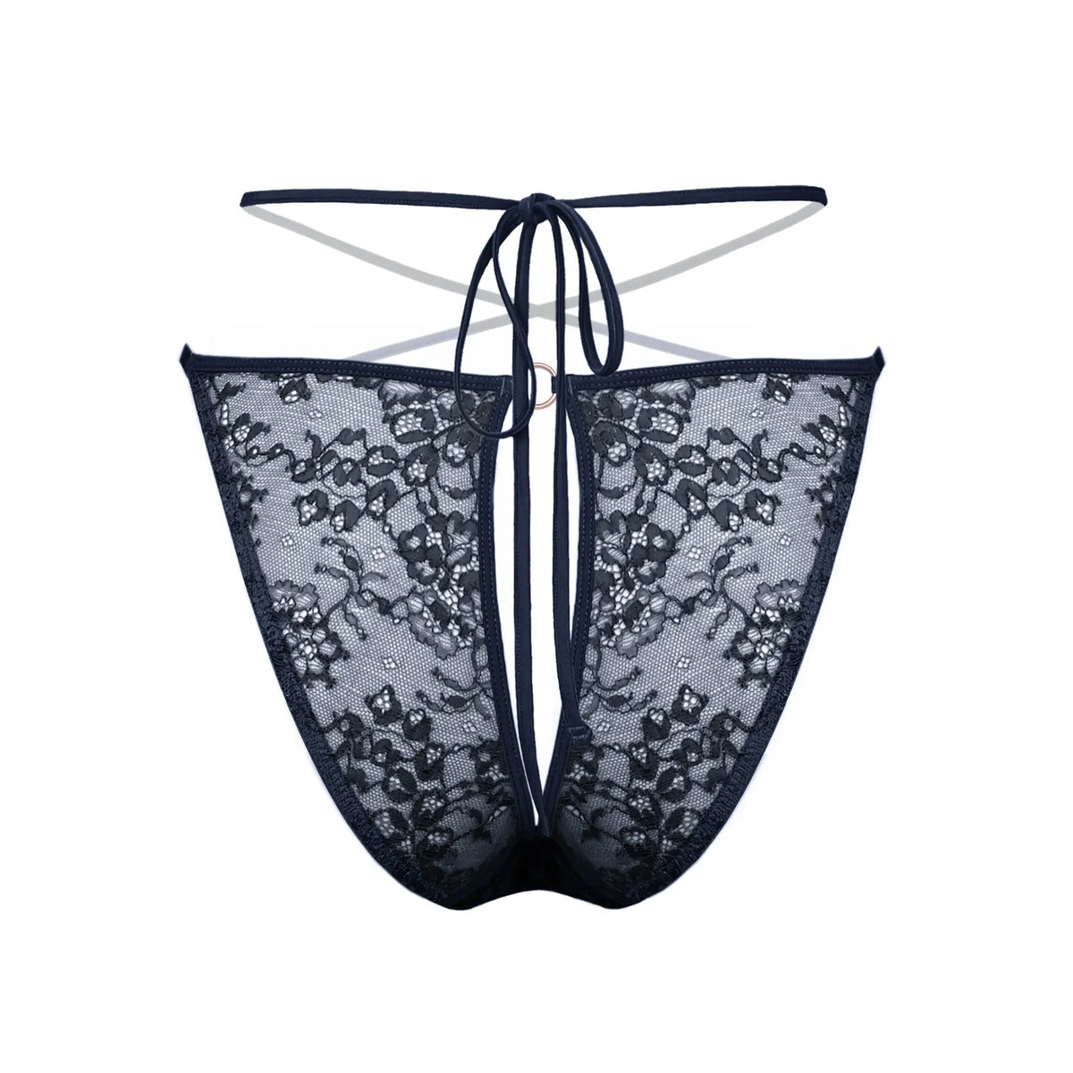 Black stretch lace bikini with cutout design in back and adjustable side strap