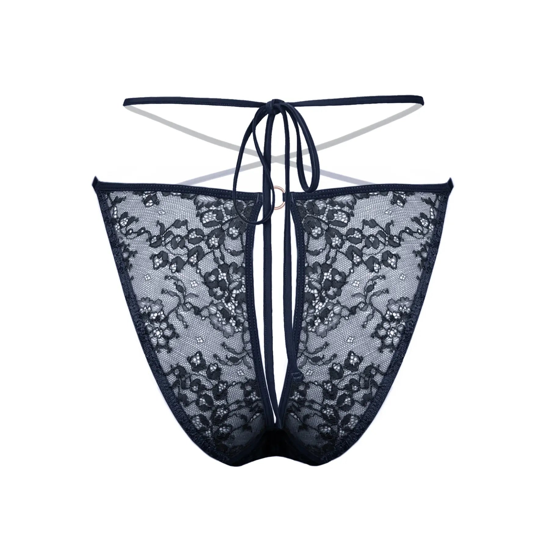 Black stretch lace bikini with cutout design in back and adjustable side strap