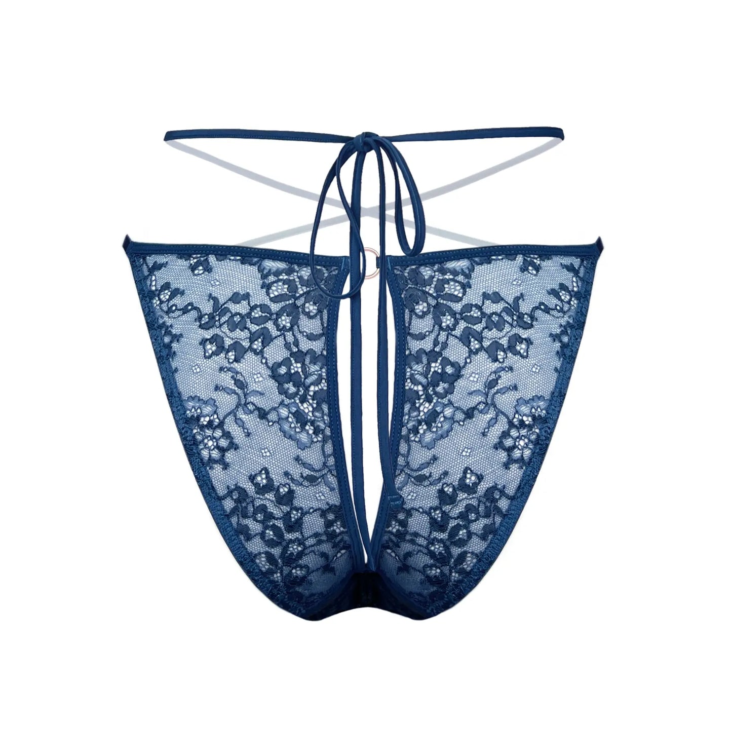 Blue stretch lace bikini with cutout design in back and adjustable side strap
