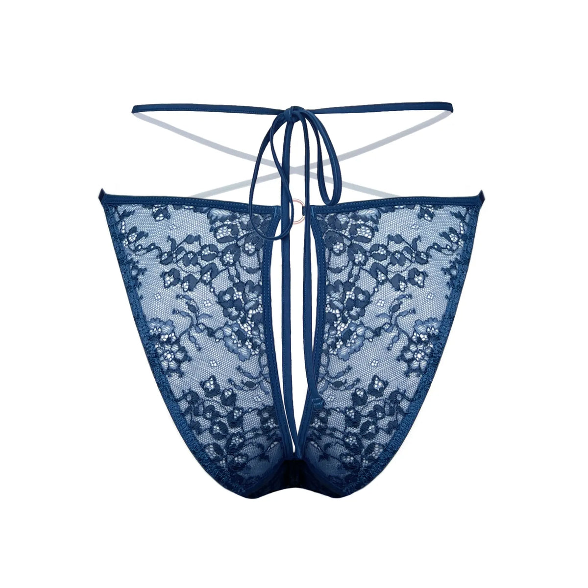 Blue stretch lace bikini with cutout design in back and adjustable side strap