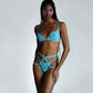 Blue Lace Bralette with cutout strap detail and back closure, and adjustable thong and harness