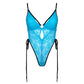 Blue lace bodysuit with adjustable side ties and lightly lined cups