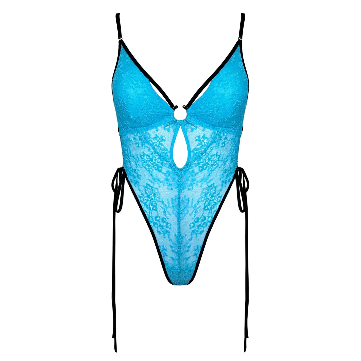 Blue lace bodysuit with adjustable side ties and lightly lined cups