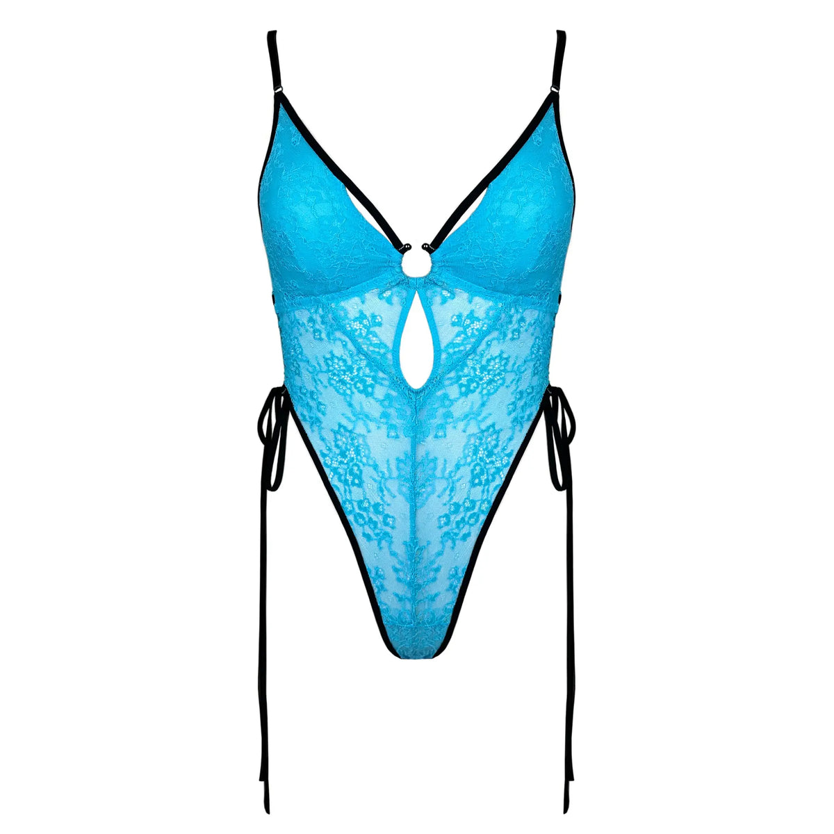 Blue lace bodysuit with adjustable side ties and lightly lined cups