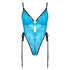 Blue lace bodysuit with adjustable side ties and lightly lined cups