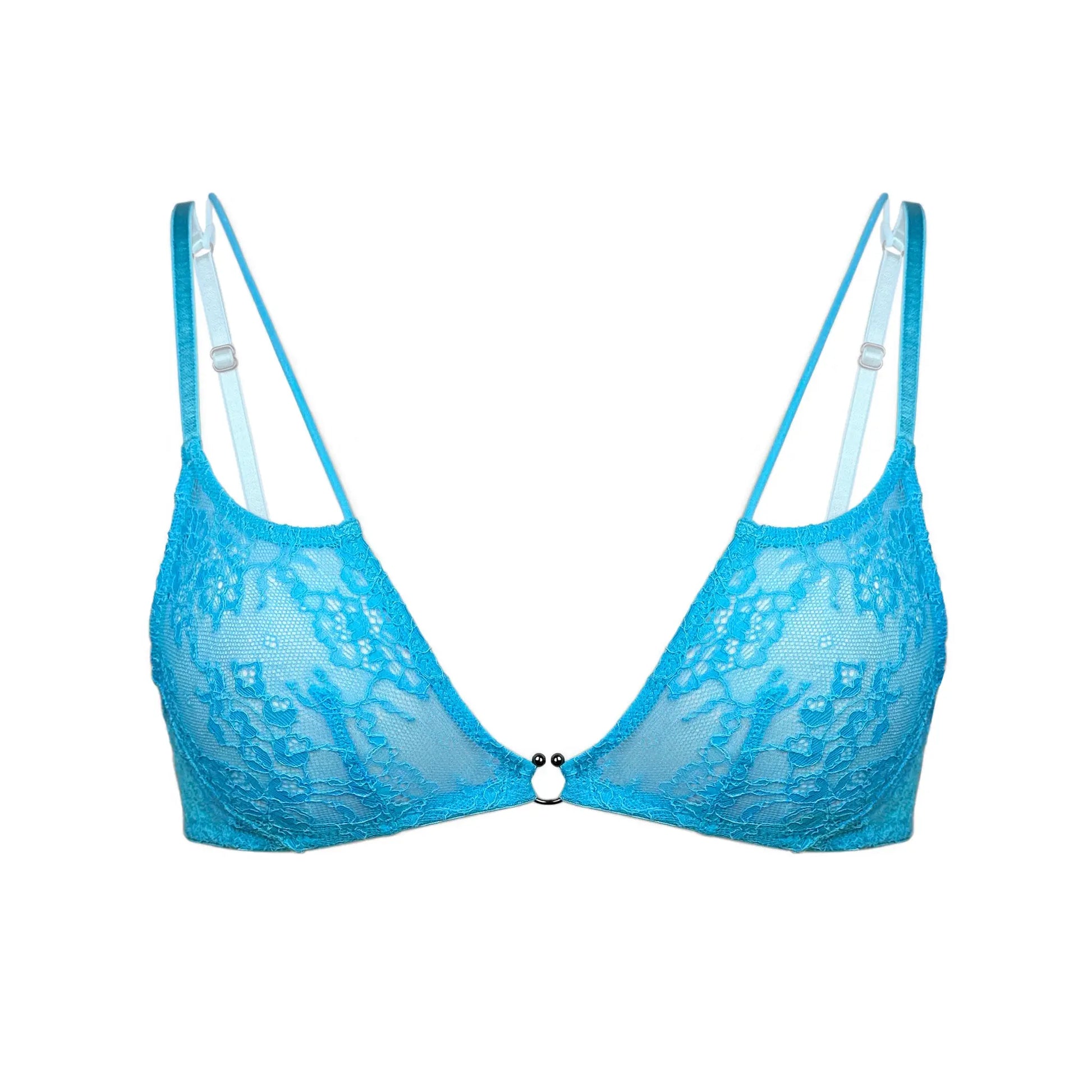 Blue Lace Bralette with cutout strap detail and back closure