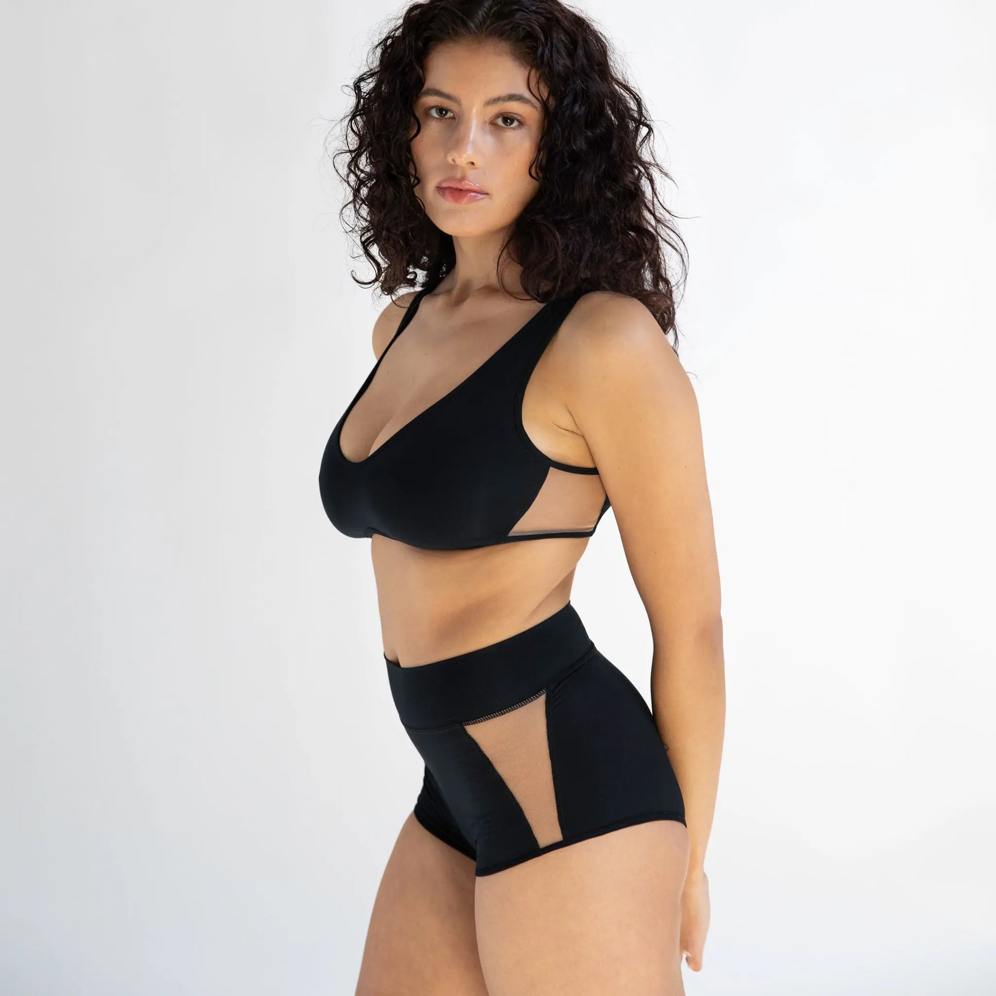 Black modal high waisted shorty brief with cutout illusion mesh panels
