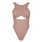 Taupe opaque on sheer striped microfiber bodysuit with back and front cutouts, snap closure at gusset and back clasp