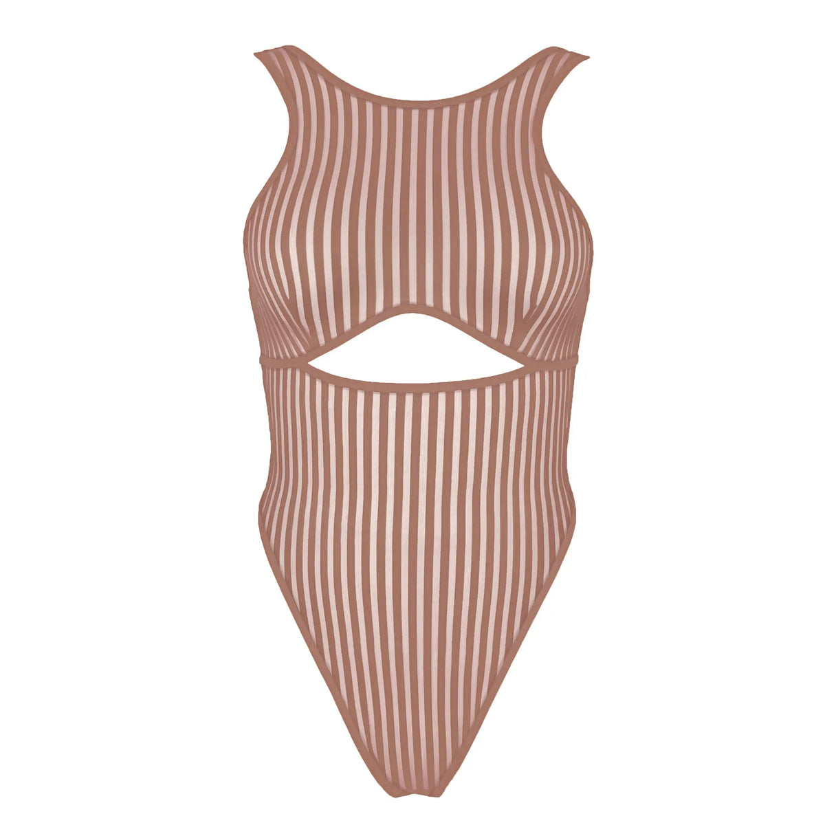 Taupe opaque on sheer striped microfiber bodysuit with back and front cutouts, snap closure at gusset and back clasp