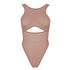 Taupe opaque on sheer striped microfiber bodysuit with back and front cutouts, snap closure at gusset and back clasp