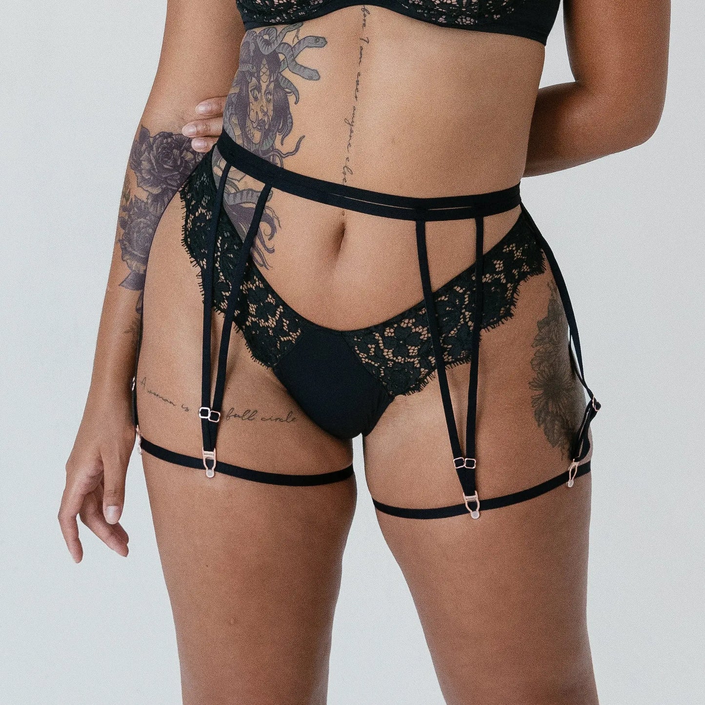 Black soft touch elastic garters with back closure and detachable leg bands
