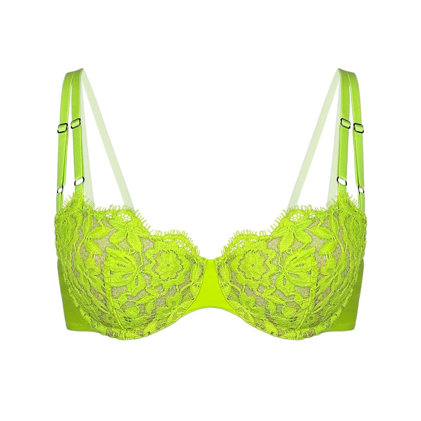Green lace, underwire, high support bra with adjustable straps and back closure