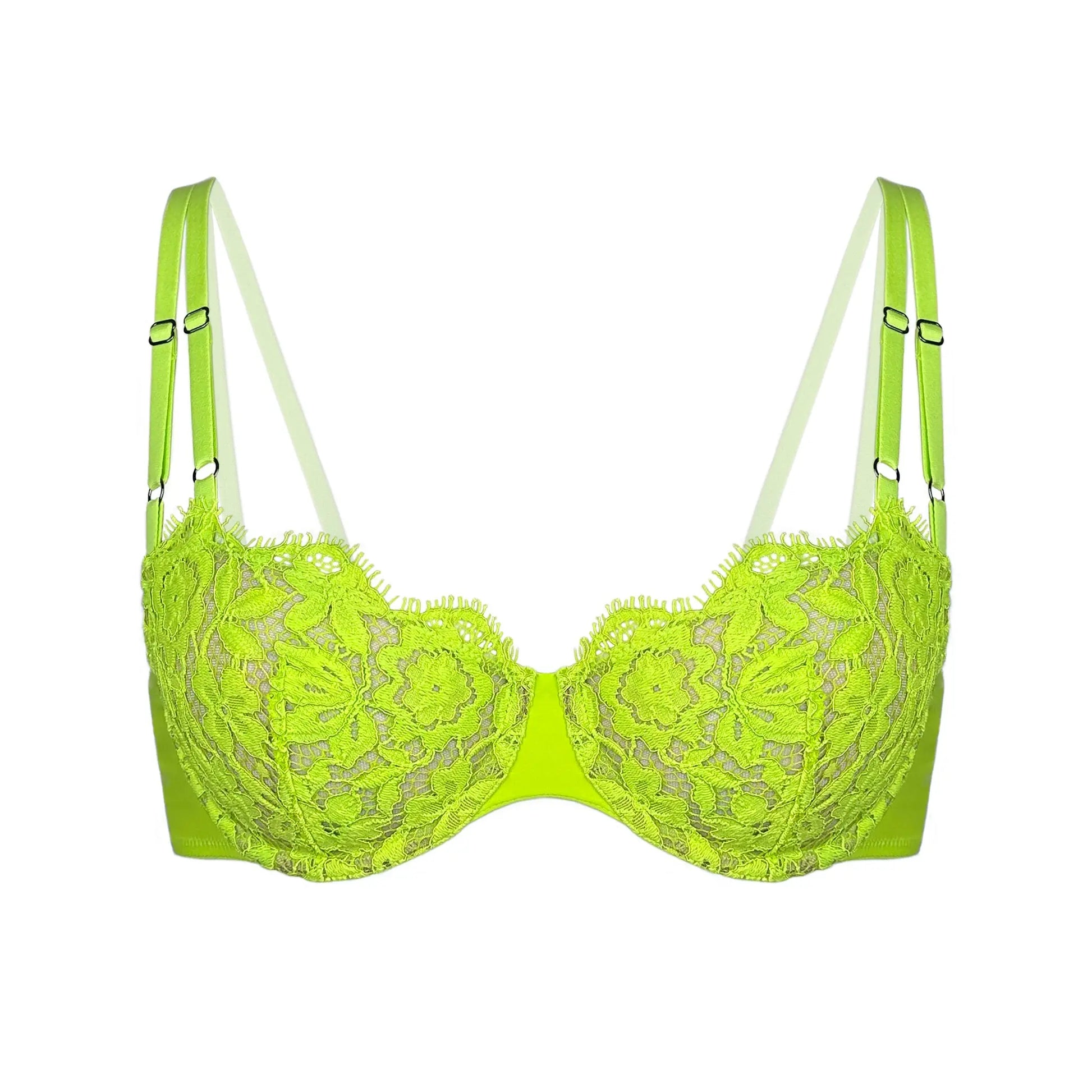 Green lace, underwire, high support bra with adjustable straps and back closure