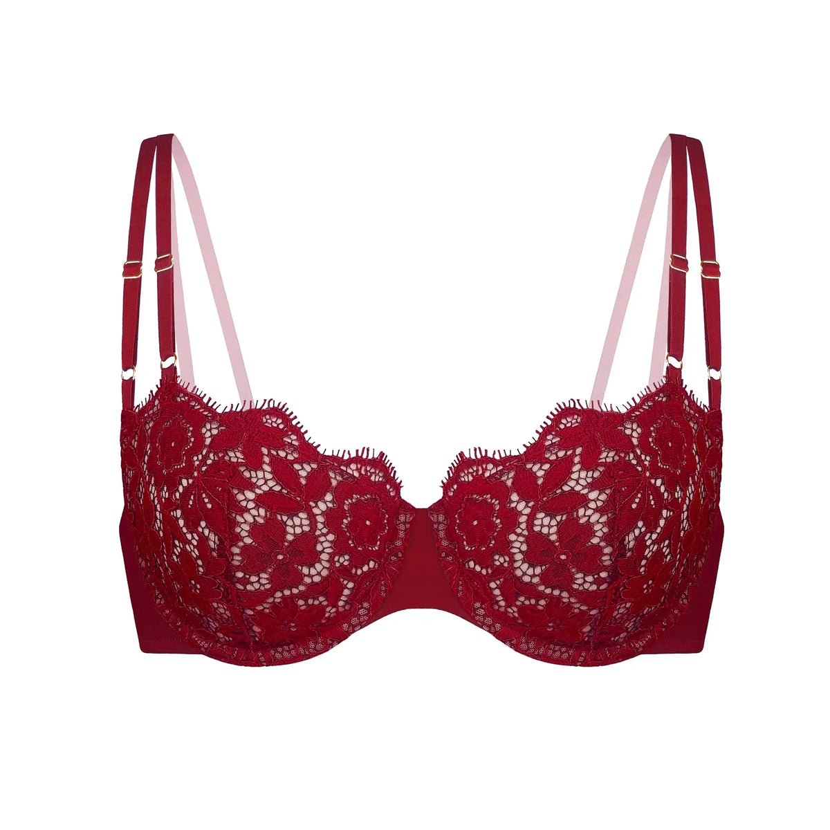 Red lace, underwire, high support bra with adjustable straps and back closure